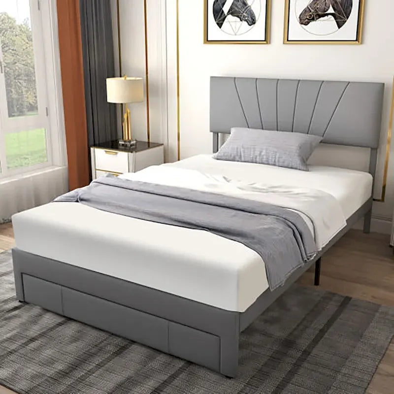 Full/Queen Upholstered Bed Frame Platform Bed with Drawer