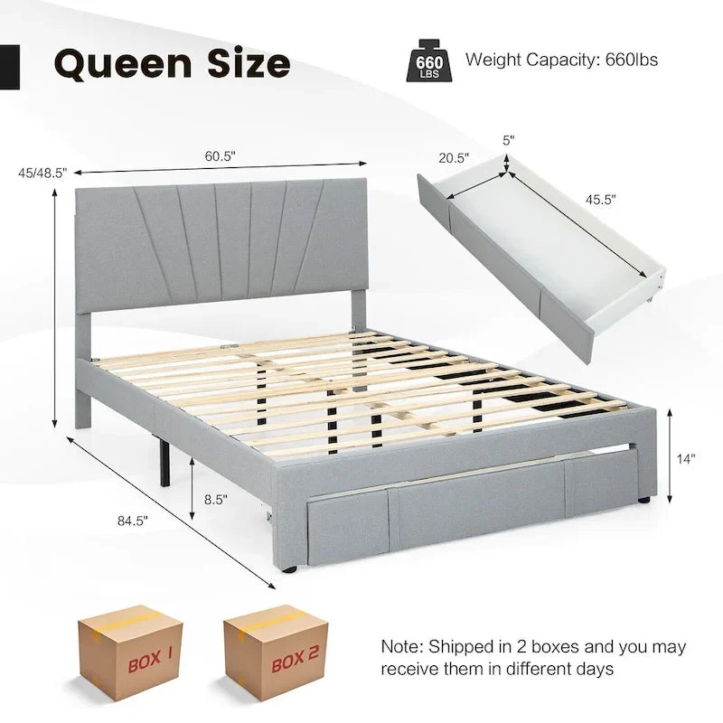 Full/Queen Upholstered Bed Frame Platform Bed with Drawer