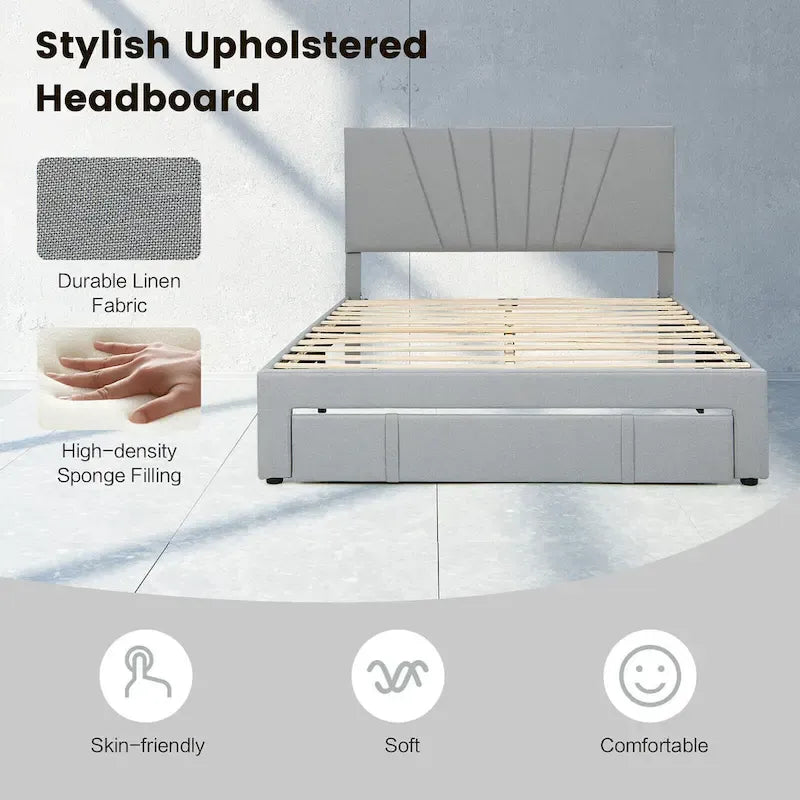 Full/Queen Upholstered Bed Frame Platform Bed with Drawer