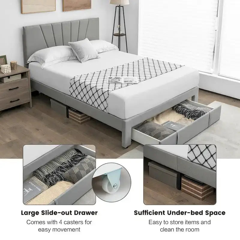 Full/Queen Upholstered Bed Frame Platform Bed with Drawer