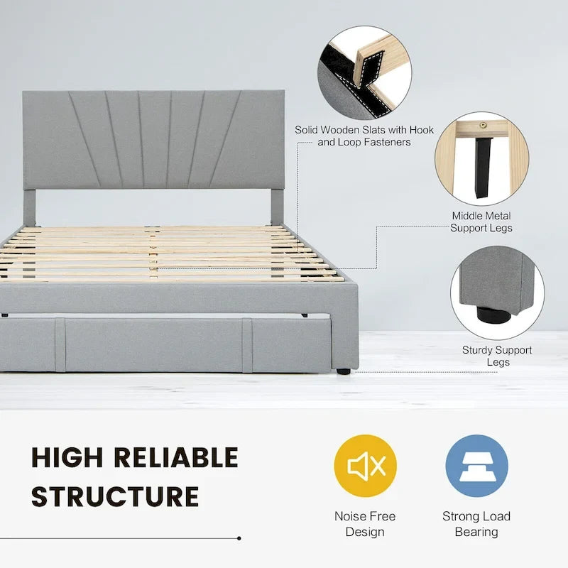 Full/Queen Upholstered Bed Frame Platform Bed with Drawer