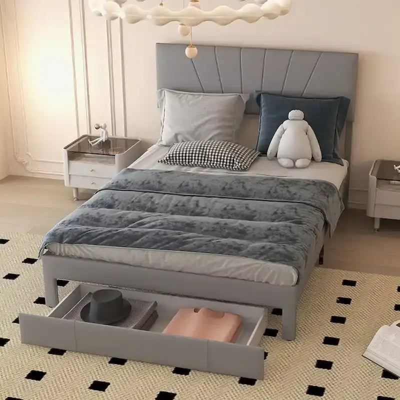Full/Queen Upholstered Bed Frame Platform Bed with Drawer