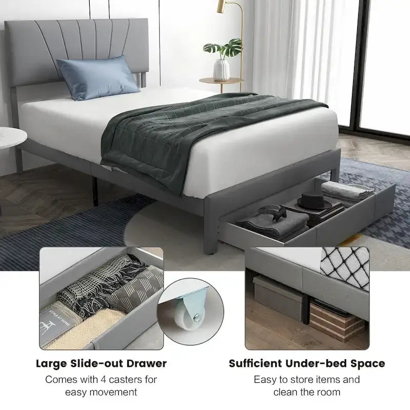 Full/Queen Upholstered Bed Frame Platform Bed with Drawer