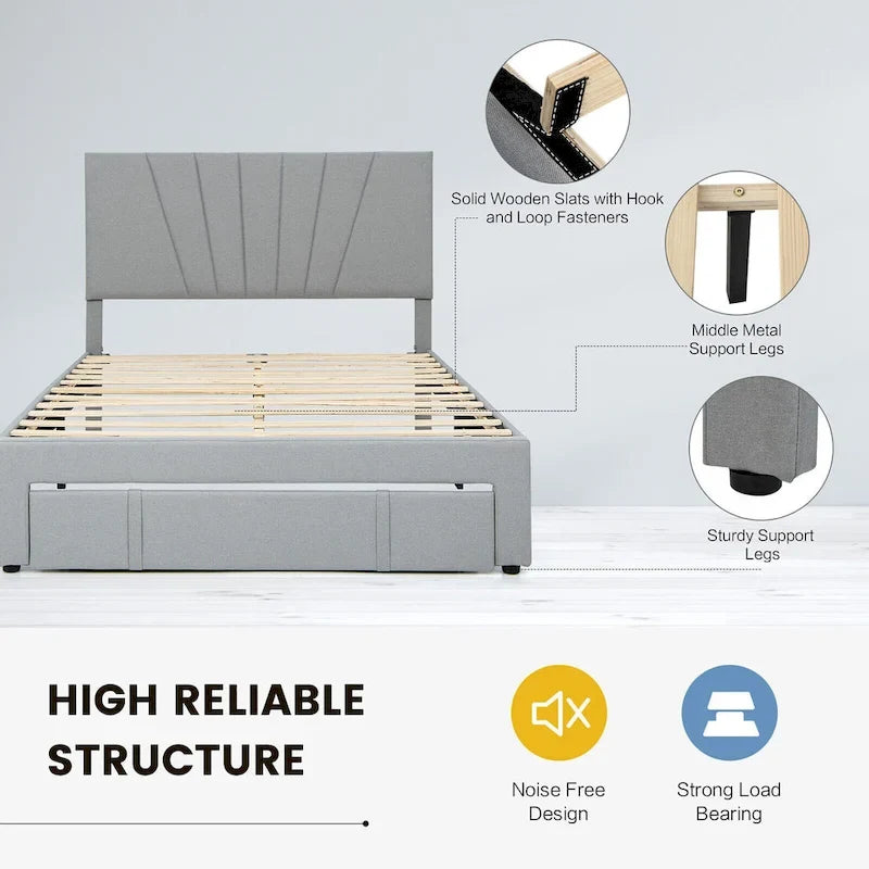 Full/Queen Upholstered Bed Frame Platform Bed with Drawer