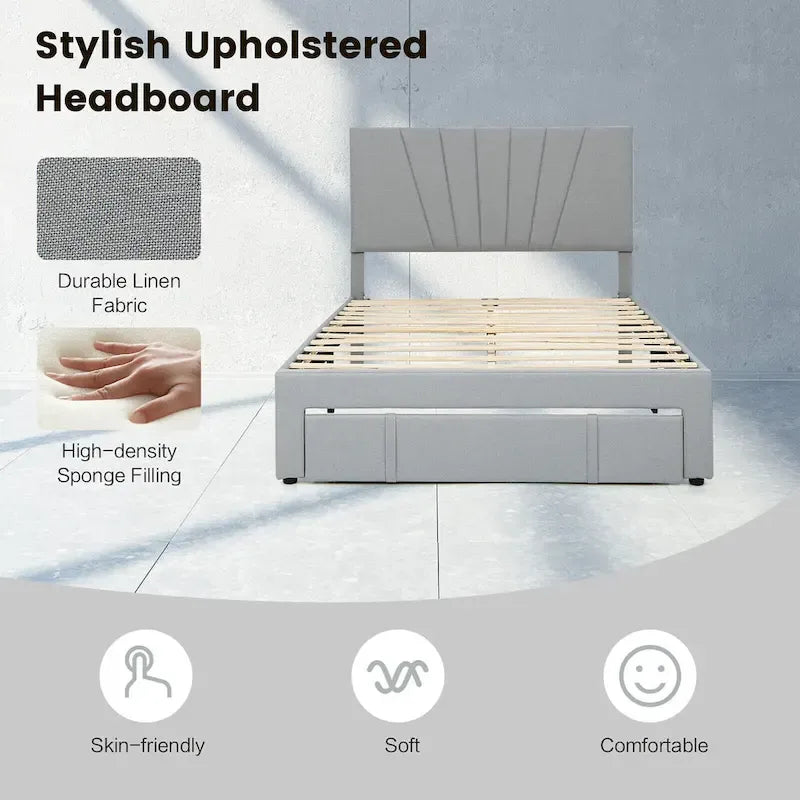 Full/Queen Upholstered Bed Frame Platform Bed with Drawer