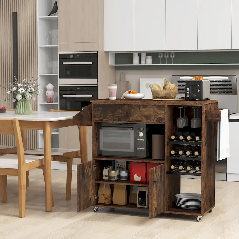 Kitchen Island Cart w/ Drop-Leaf & Power Outlet Microwave Shelf