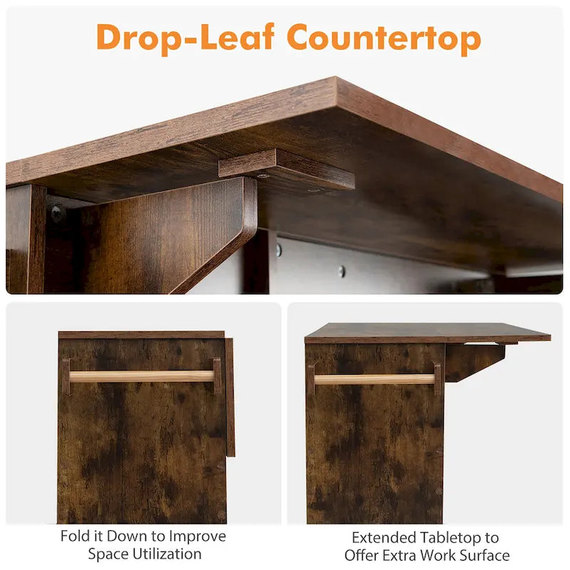 Kitchen Island Cart w/ Drop-Leaf & Power Outlet Microwave Shelf