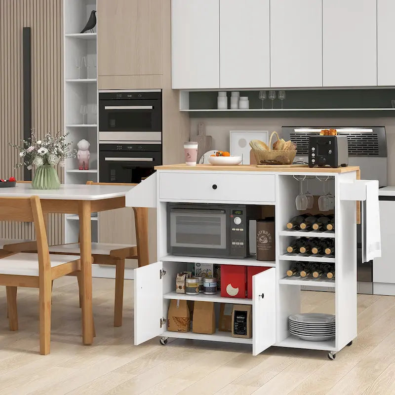 Kitchen Island Cart w/ Drop-Leaf & Power Outlet Microwave Shelf