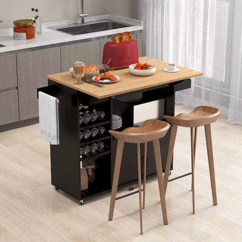 Kitchen Island Cart w/ Drop-Leaf & Power Outlet Microwave Shelf