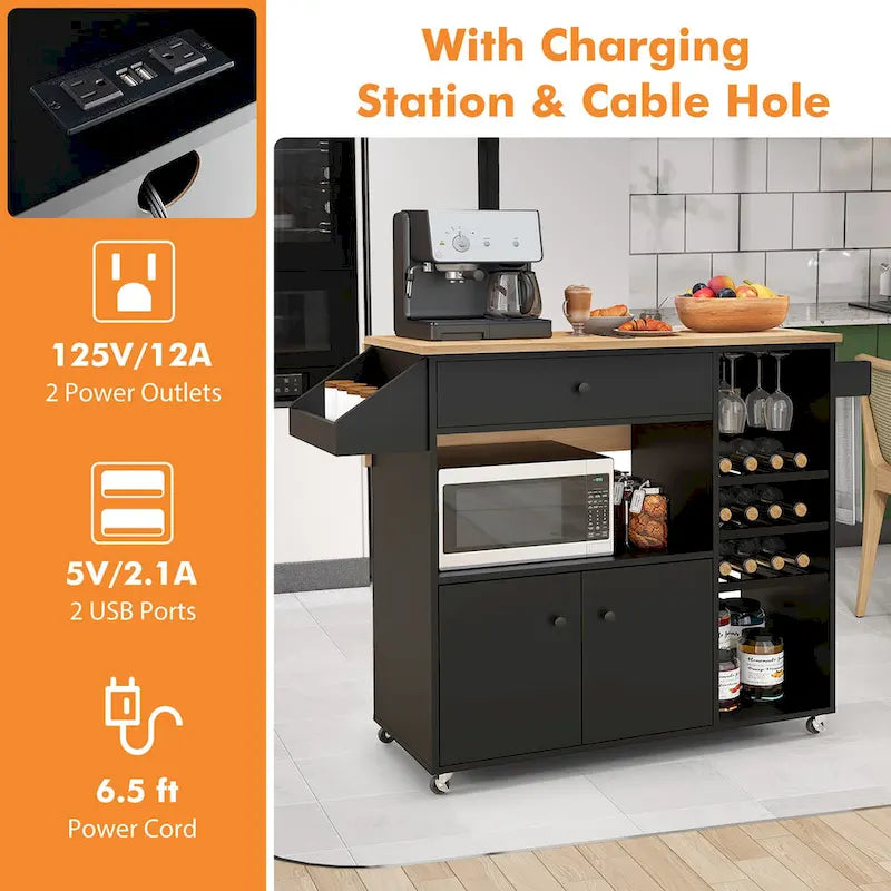 Kitchen Island Cart w/ Drop-Leaf & Power Outlet Microwave Shelf
