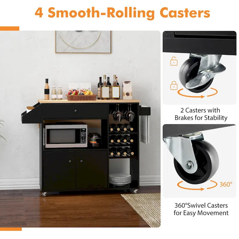Kitchen Island Cart w/ Drop-Leaf & Power Outlet Microwave Shelf
