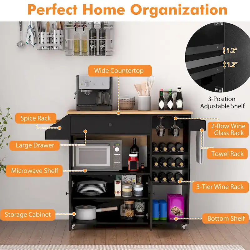 Kitchen Island Cart w/ Drop-Leaf & Power Outlet Microwave Shelf