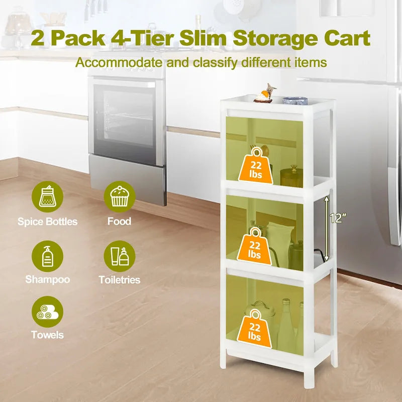 2PCS 4 Tier Slim Storage Cart Detachable Kitchen Organizer