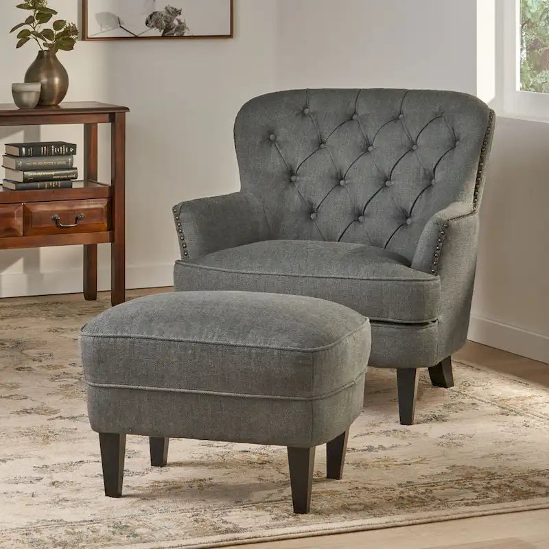 Modern 32.5 Upholstered Club Chair with Ottoman Set amd Nailheads for Living Room