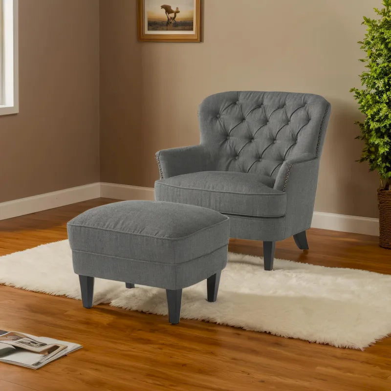 Modern 32.5 Upholstered Club Chair with Ottoman Set amd Nailheads for Living Room