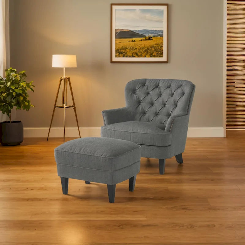 Modern 32.5 Upholstered Club Chair with Ottoman Set amd Nailheads for Living Room