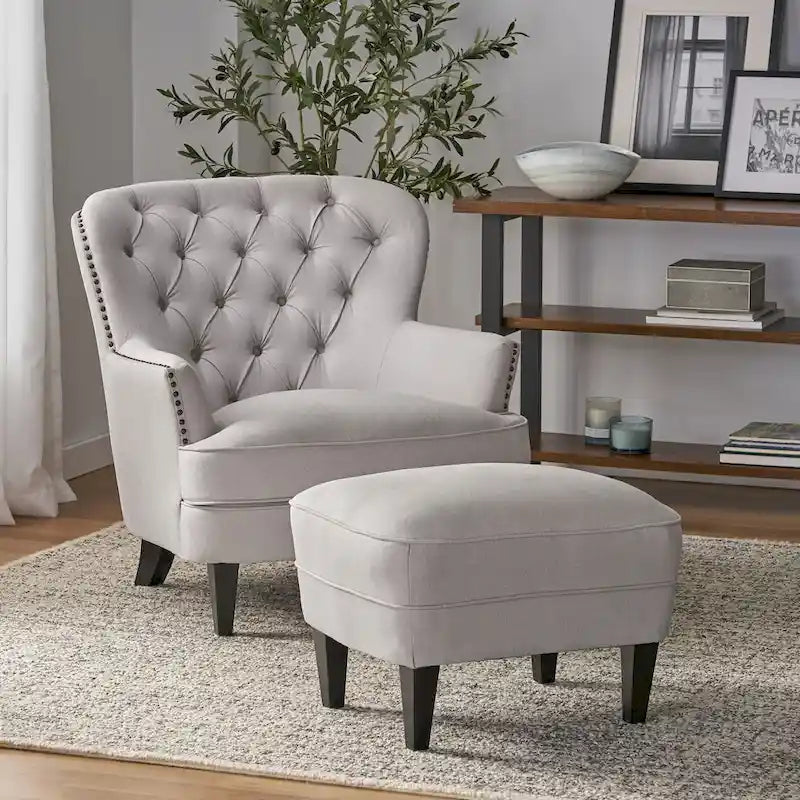 Modern 32.5 Upholstered Club Chair with Ottoman Set amd Nailheads for Living Room