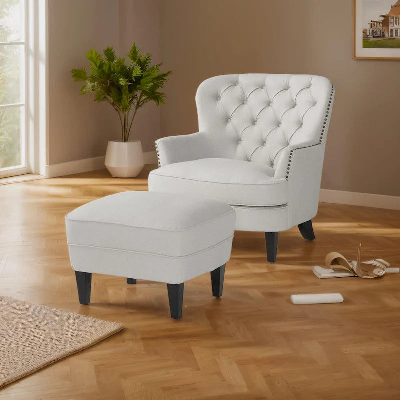 Modern 32.5 Upholstered Club Chair with Ottoman Set amd Nailheads for Living Room