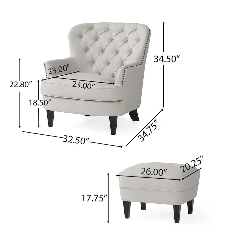 Modern 32.5 Upholstered Club Chair with Ottoman Set amd Nailheads for Living Room