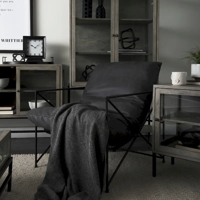 Black Faux Leather w/Black Metal Frame Accent Chair