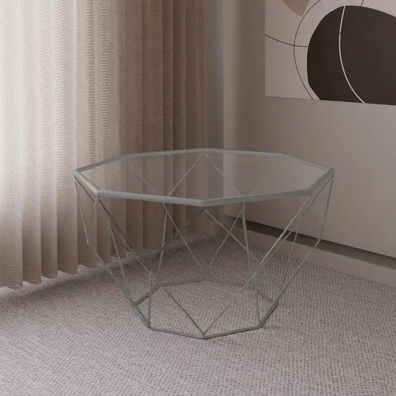 29 Modern Octagon Center Coffee Table with Tempered Glass Table top & Sturdy Metal Geometric Base for Living Room Office