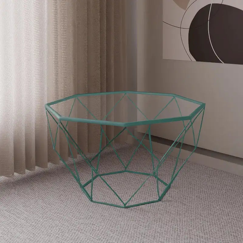 29 Modern Octagon Center Coffee Table with Tempered Glass Table top & Sturdy Metal Geometric Base for Living Room Office