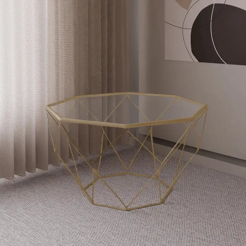 29 Modern Octagon Center Coffee Table with Tempered Glass Table top & Sturdy Metal Geometric Base for Living Room Office