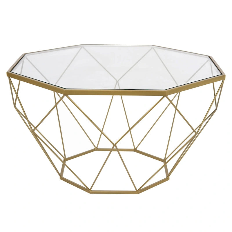 29 Modern Octagon Center Coffee Table with Tempered Glass Table top & Sturdy Metal Geometric Base for Living Room Office