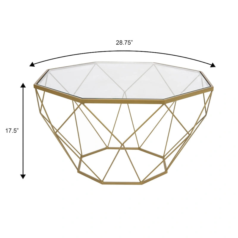 29 Modern Octagon Center Coffee Table with Tempered Glass Table top & Sturdy Metal Geometric Base for Living Room Office