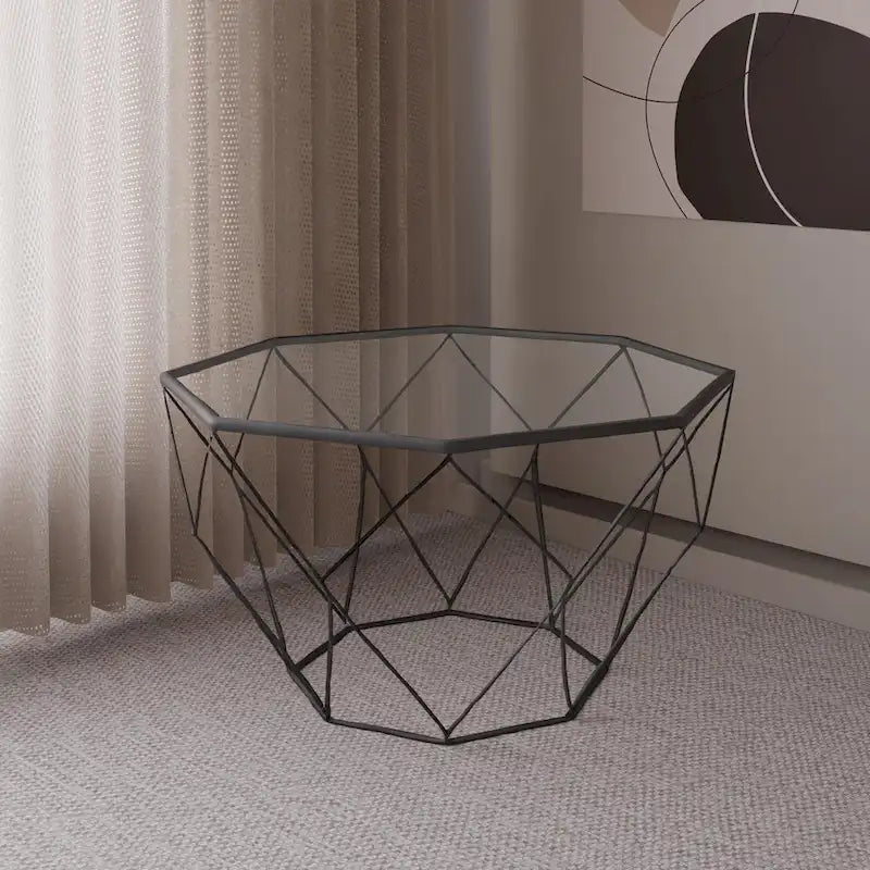 29 Modern Octagon Center Coffee Table with Tempered Glass Table top & Sturdy Metal Geometric Base for Living Room Office