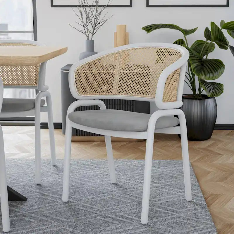 Modern Stylish Side Chair with Rattan Back and White Steel Legs for Dining Room & Kitchen