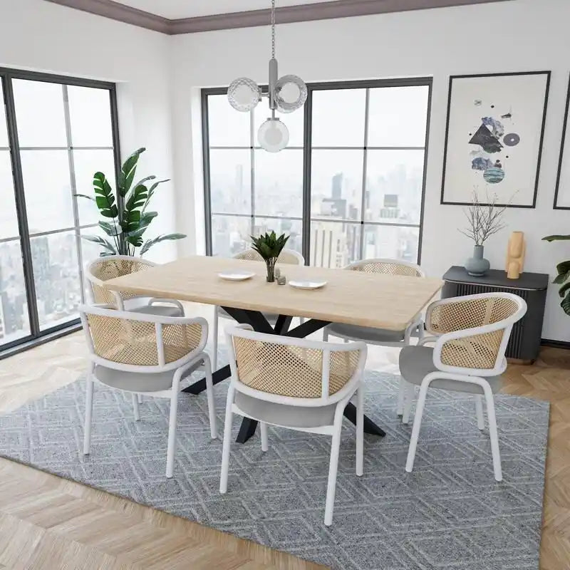 Modern Stylish Side Chair with Rattan Back and White Steel Legs for Dining Room & Kitchen