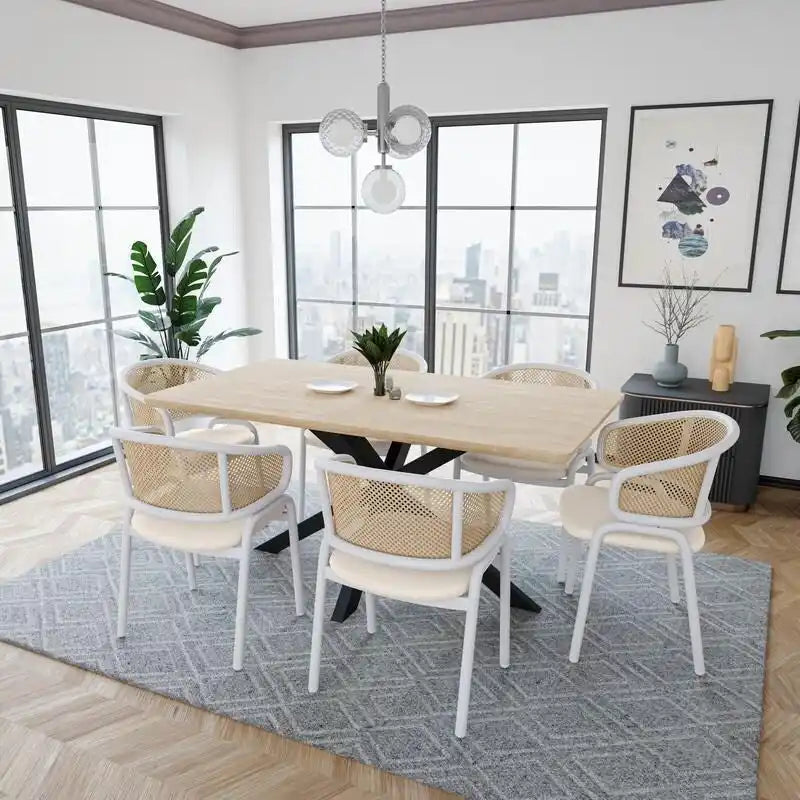 Modern Stylish Side Chair with Rattan Back and White Steel Legs for Dining Room & Kitchen