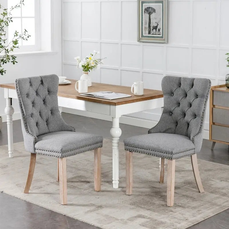 Gepolsterter Leinen-Esszimmerstuhl mit Knopfheftung und Beinen aus Massivholz, 2er-Set