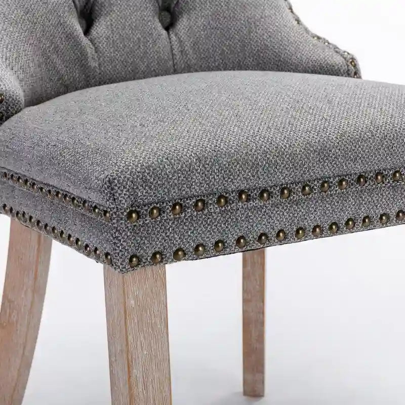 Gepolsterter Leinen-Esszimmerstuhl mit Knopfheftung und Beinen aus Massivholz, 2er-Set