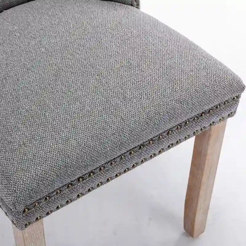 Gepolsterter Leinen-Esszimmerstuhl mit Knopfheftung und Beinen aus Massivholz, 2er-Set