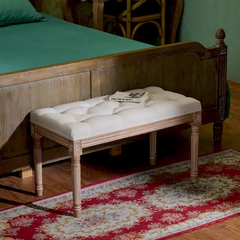 Französische Vintage-Sitzbank mit gepolsterter Sitzfläche und geschnitztem Massivholzrahmen