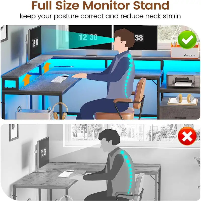 L Shape Gaming Computer Desk with File Drawer Printer Storage Shelves