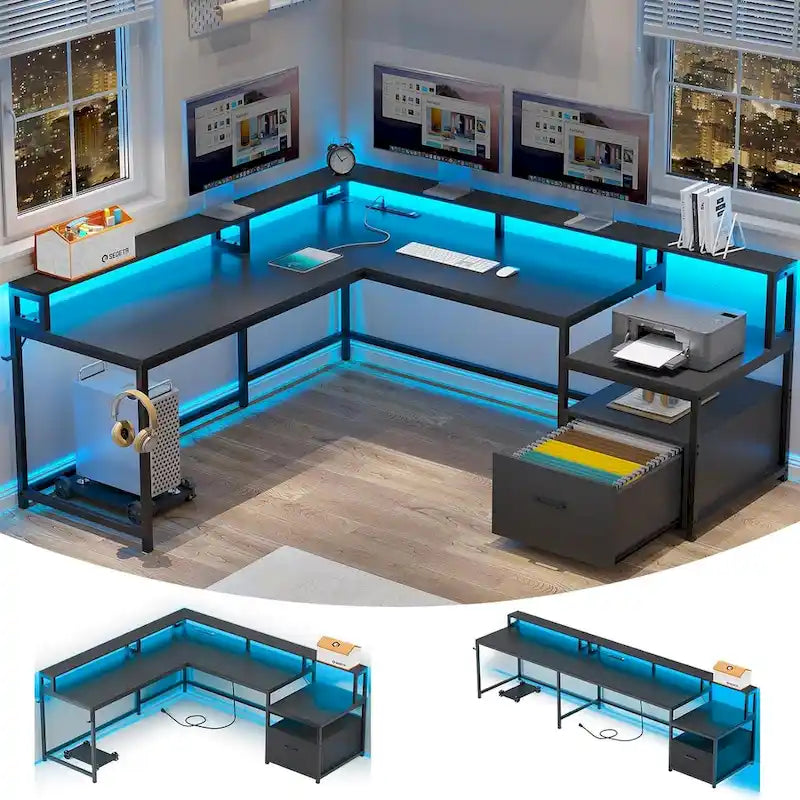 L Shape Gaming Computer Desk with File Drawer Printer Storage Shelves
