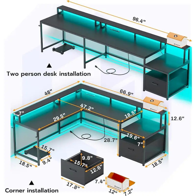 L Shape Gaming Computer Desk with File Drawer Printer Storage Shelves