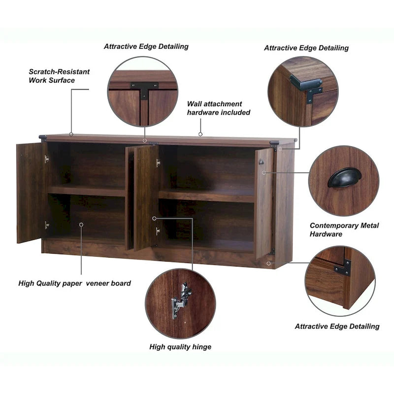 Contemporary Dark Walnut Wood Four-Door Credenza File Cabinet