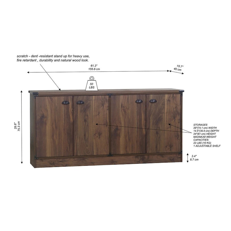 Contemporary Dark Walnut Wood Four-Door Credenza File Cabinet