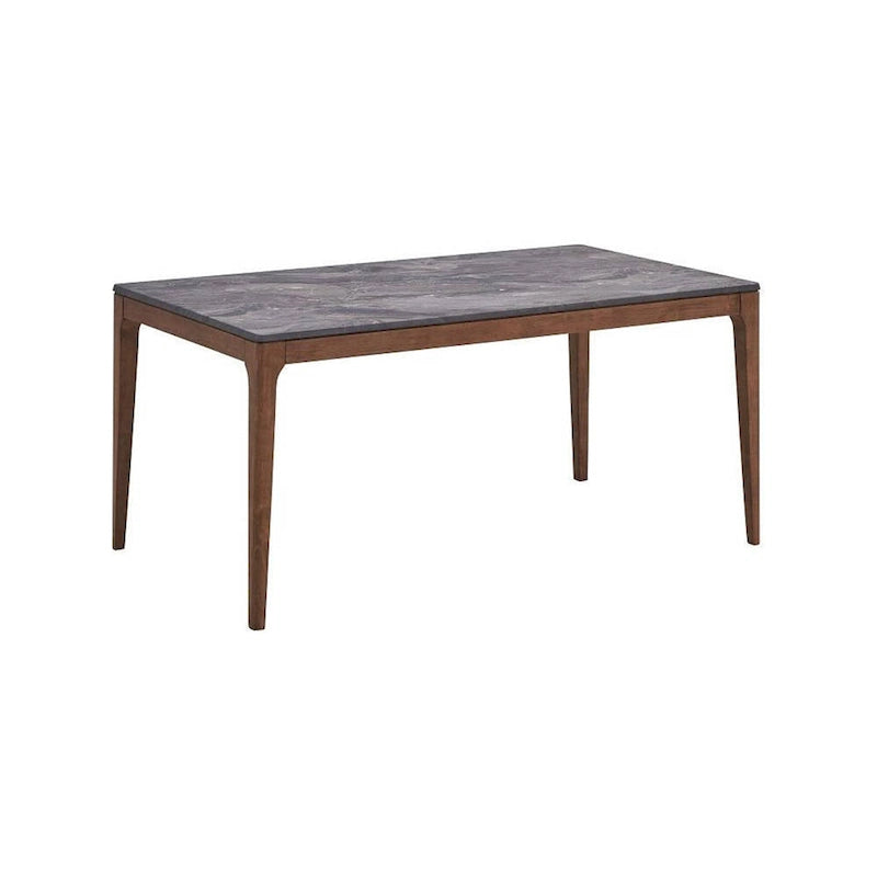 63 Inch Dining Table, Marble Grain Faux Stone Top, Walnut Brown Wood