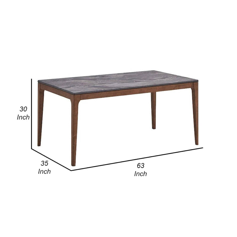 63 Inch Dining Table, Marble Grain Faux Stone Top, Walnut Brown Wood